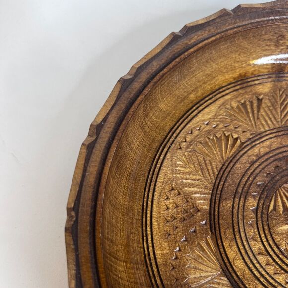 Hand Carved Decorative Wooden Shallow Bowl Folk Art Wall Decor Boho Bread Plate - Picture 3 of 10
